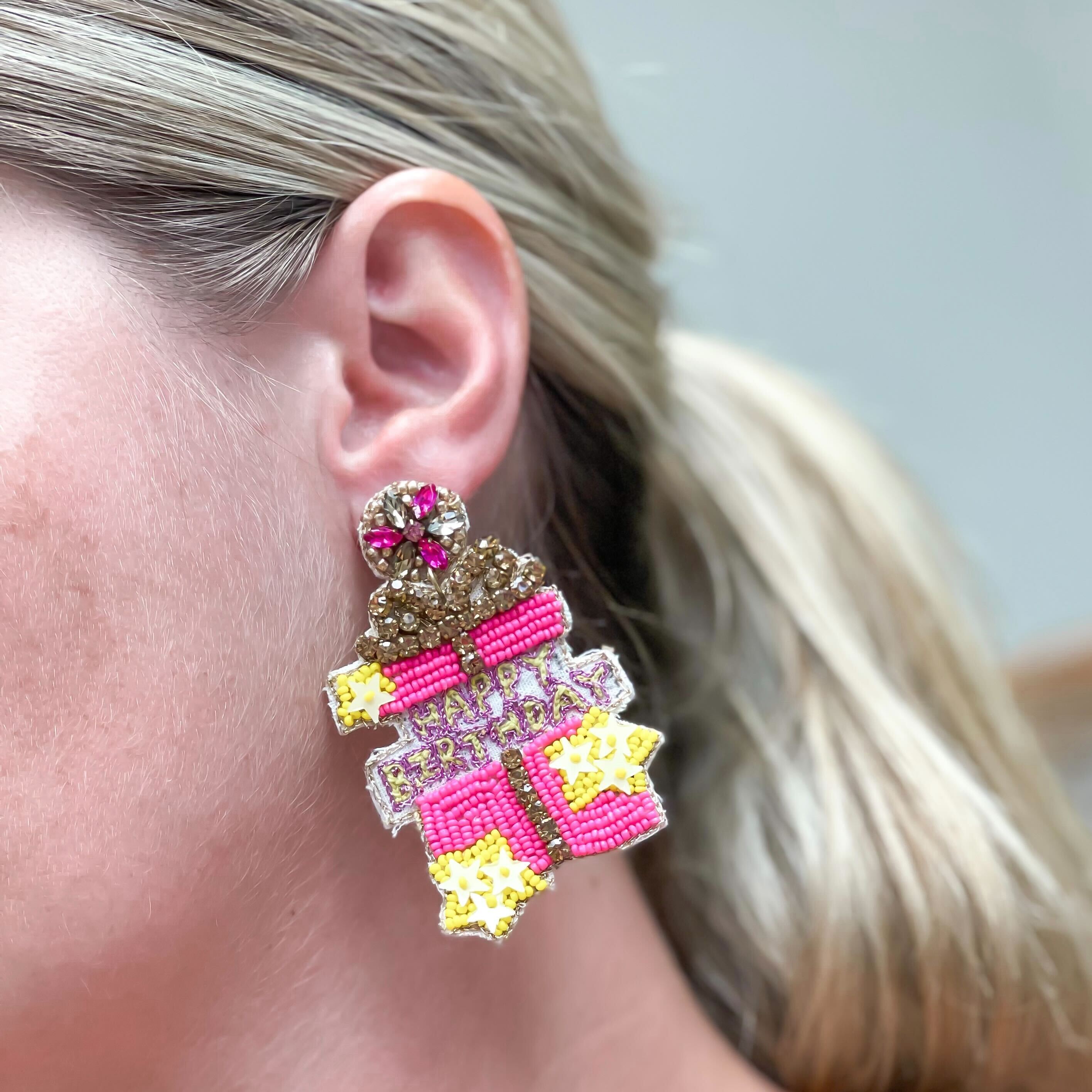 'Happy Birthday' Present Surprise Beaded Dangle Earrings