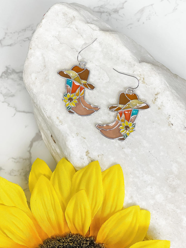 Stained Glass Sunflower Enamel Cowboy Dangle Earrings