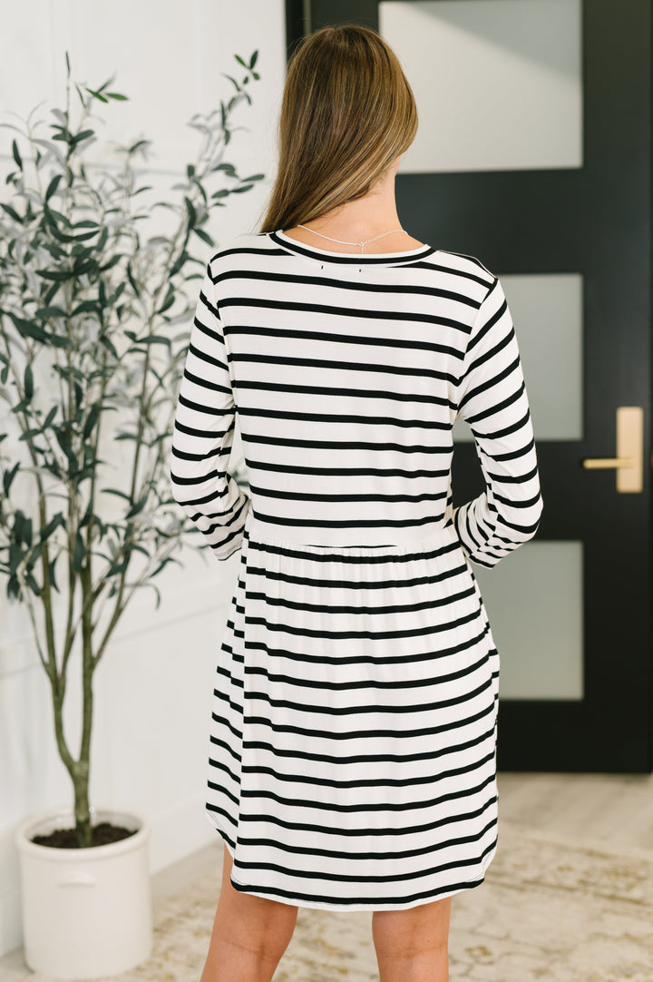 Haute Mess Scooped Hem Casual Dress in Black and White Striped - 6/25