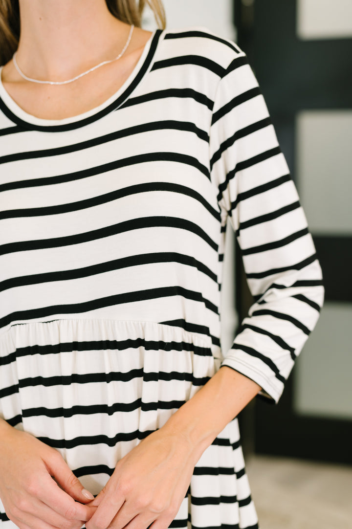Haute Mess Scooped Hem Casual Dress in Black and White Striped - 6/25