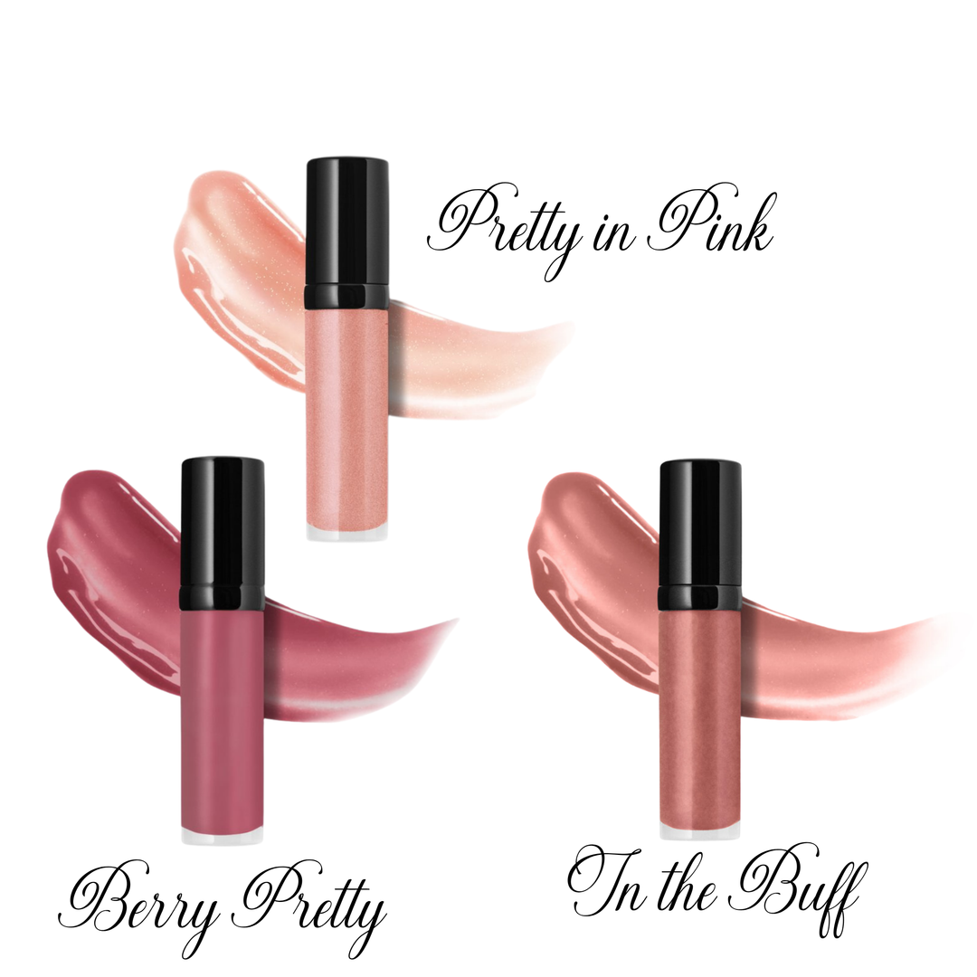 Three lip gloss tubes in shades Pretty in Pink (sheer nude pink), Berry Pretty (deep mauve), and In the Buff (warm nude) with matching color swatches on white background
