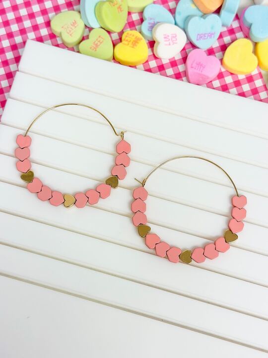 Heart-Bead Chevron Hoop Earrings - Pink