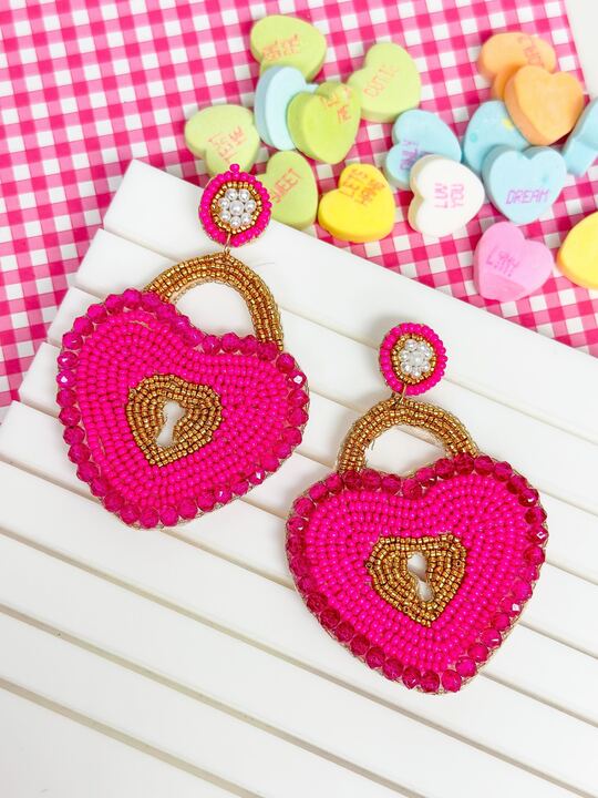 Heart Locket Beaded Dangle Earrings - Pink