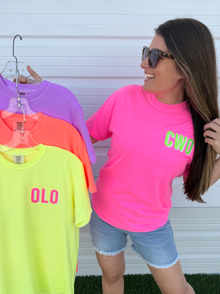 by PrepO: Custom Embroidered Neon Shadow Initial Comfort Colors Tee (Ships in 2-3 Weeks)