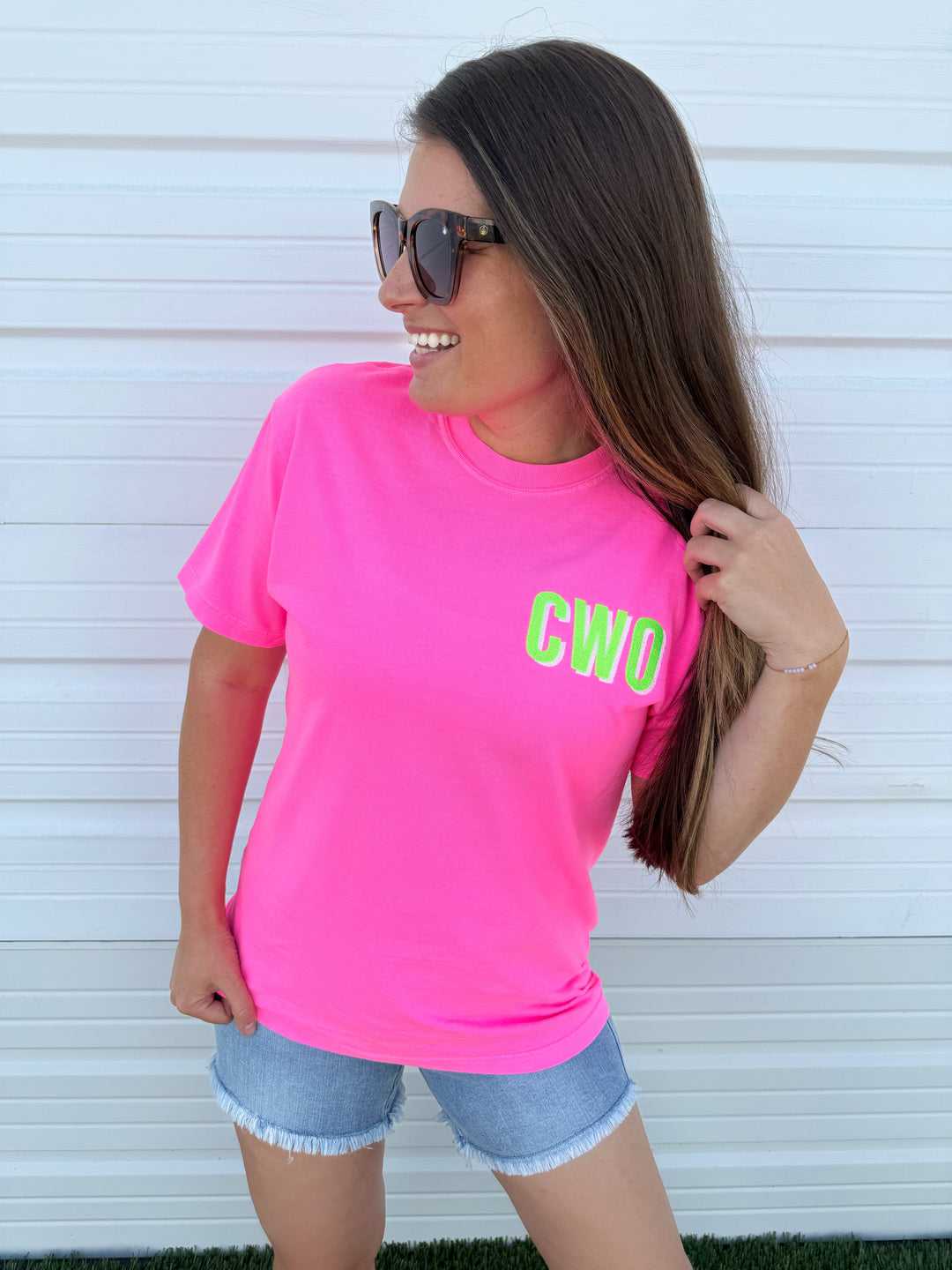 by PrepO: Custom Embroidered Neon Shadow Initial Comfort Colors Tee (Ships in 2-3 Weeks)
