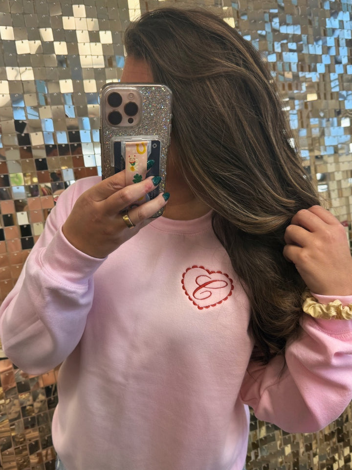 by PrepO: Scallop Heart Initial Embroidered Sweatshirt (Ships in 2-3 Weeks)
