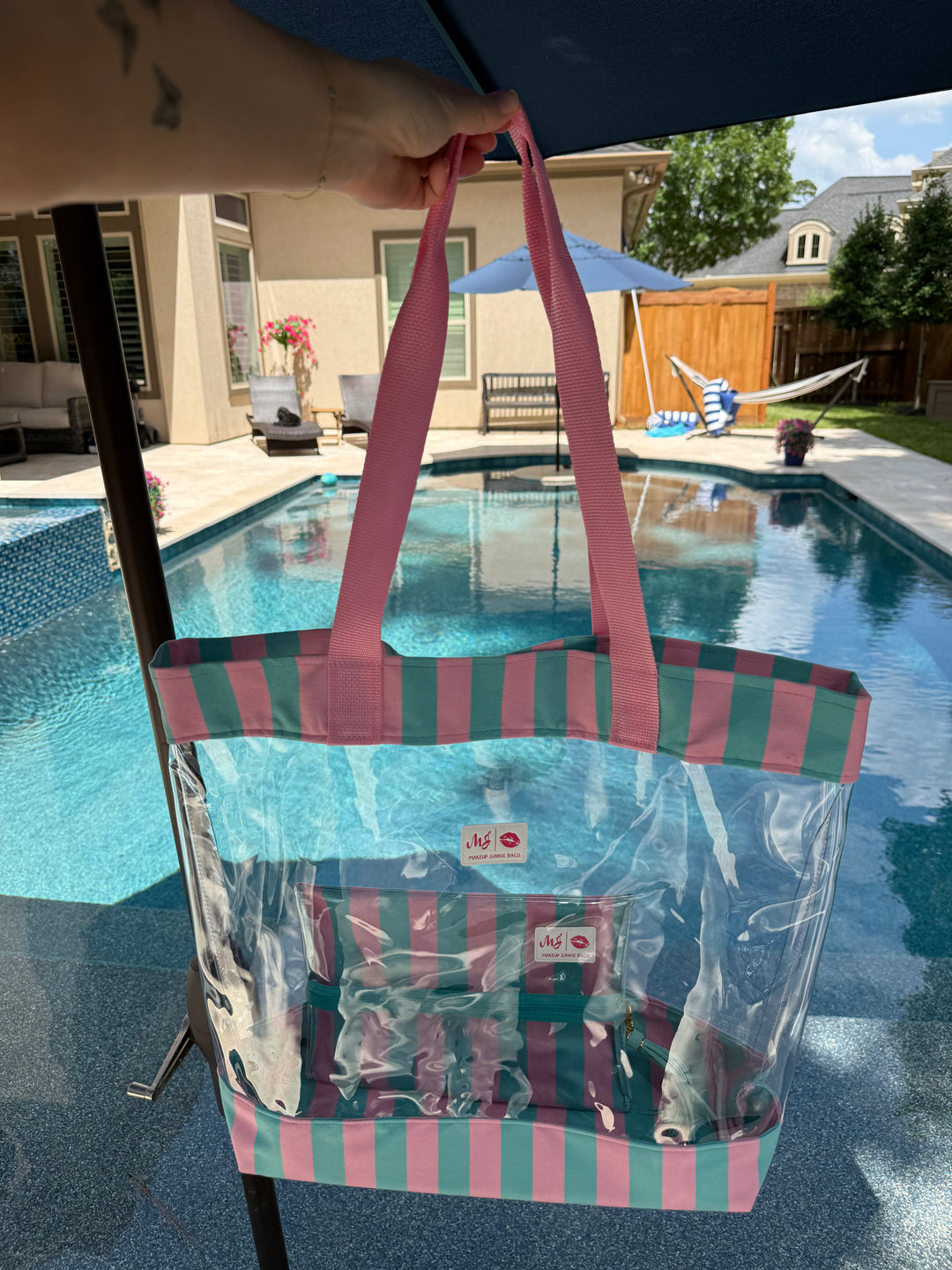 Cabana Mint Clear Beach Tote + Matching Medium Clear Top Flat Bag by Makeup Junkie (Ready to Ship)