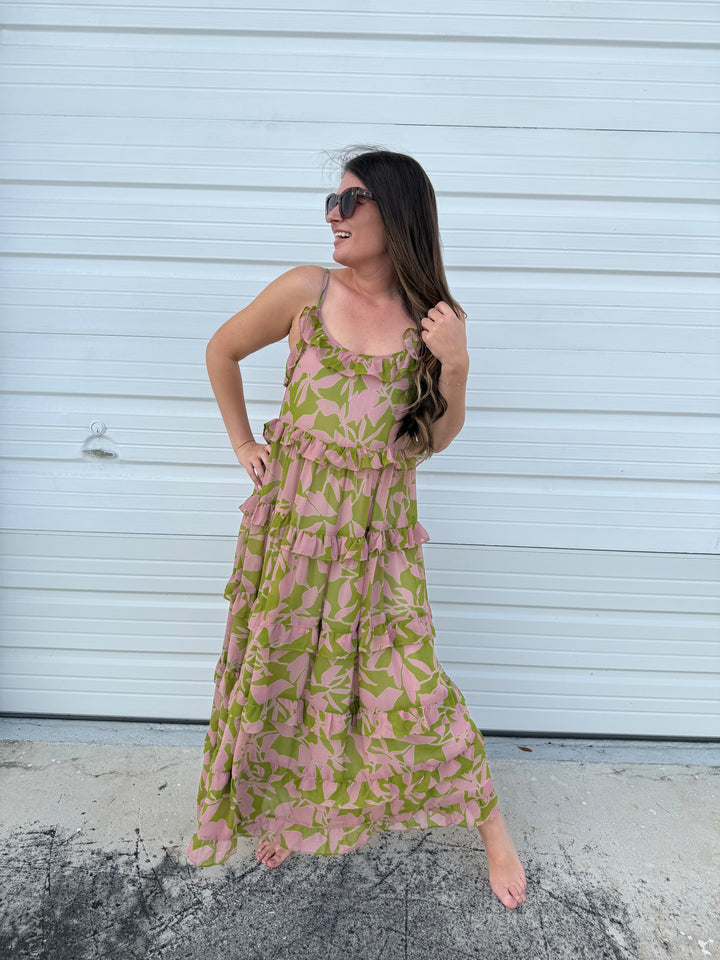 Spaghetti Strap Tiered Dress - Olive & Mauve by Sew In Love