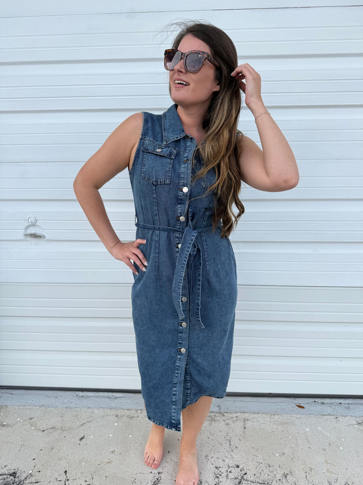 Sleeveless Button Denim Dress - Blue by Sew In Love