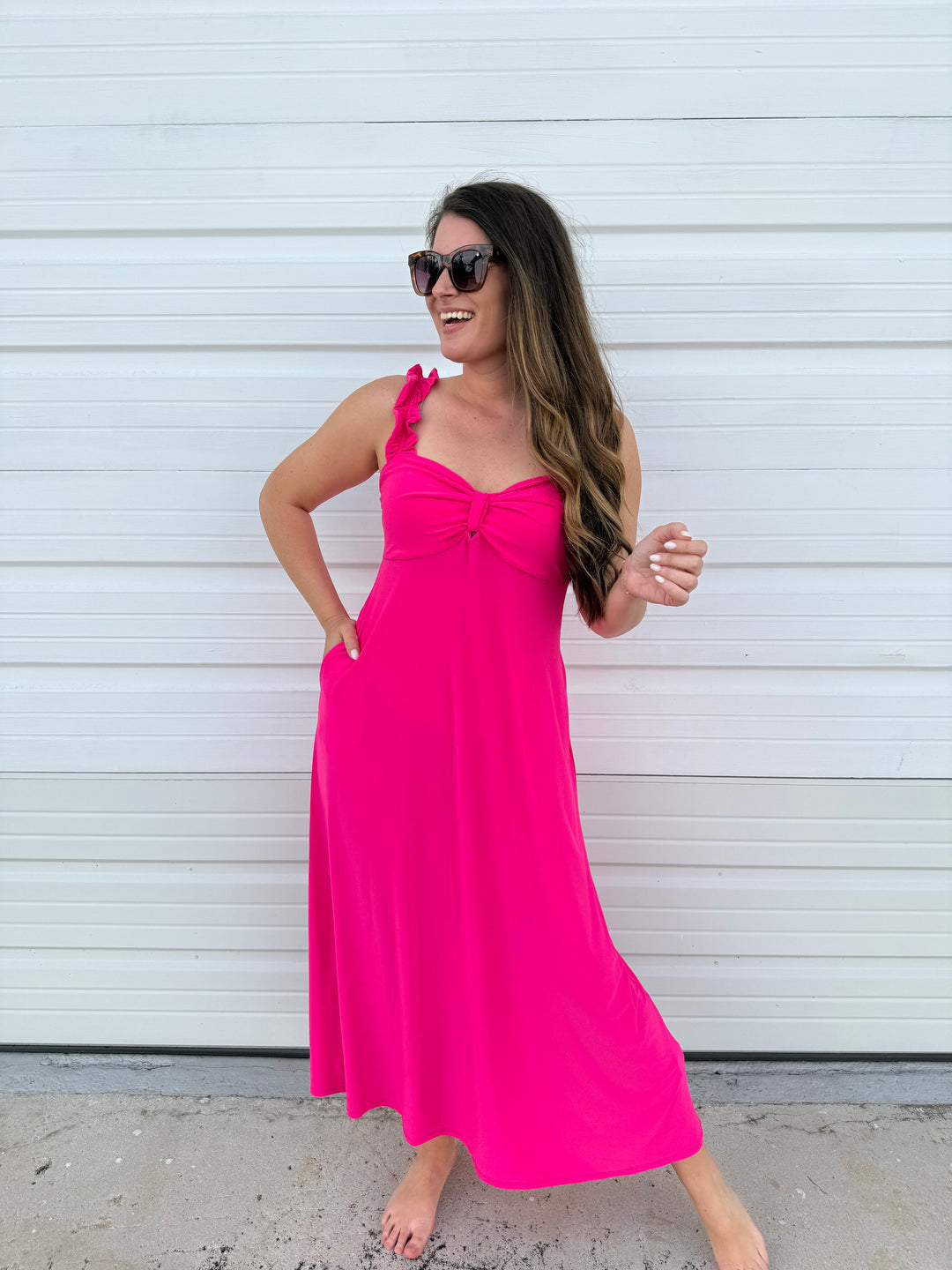 Ruffle Neon Pink Strappy Dress Hot Pink Ruffle Maxi Dress Halter Cutout Gown FINESSE Ruffle Neon Pink Strappy Dress Hot Pink Ruffle Maxi Dress Halter Cutout Gown FINESSE