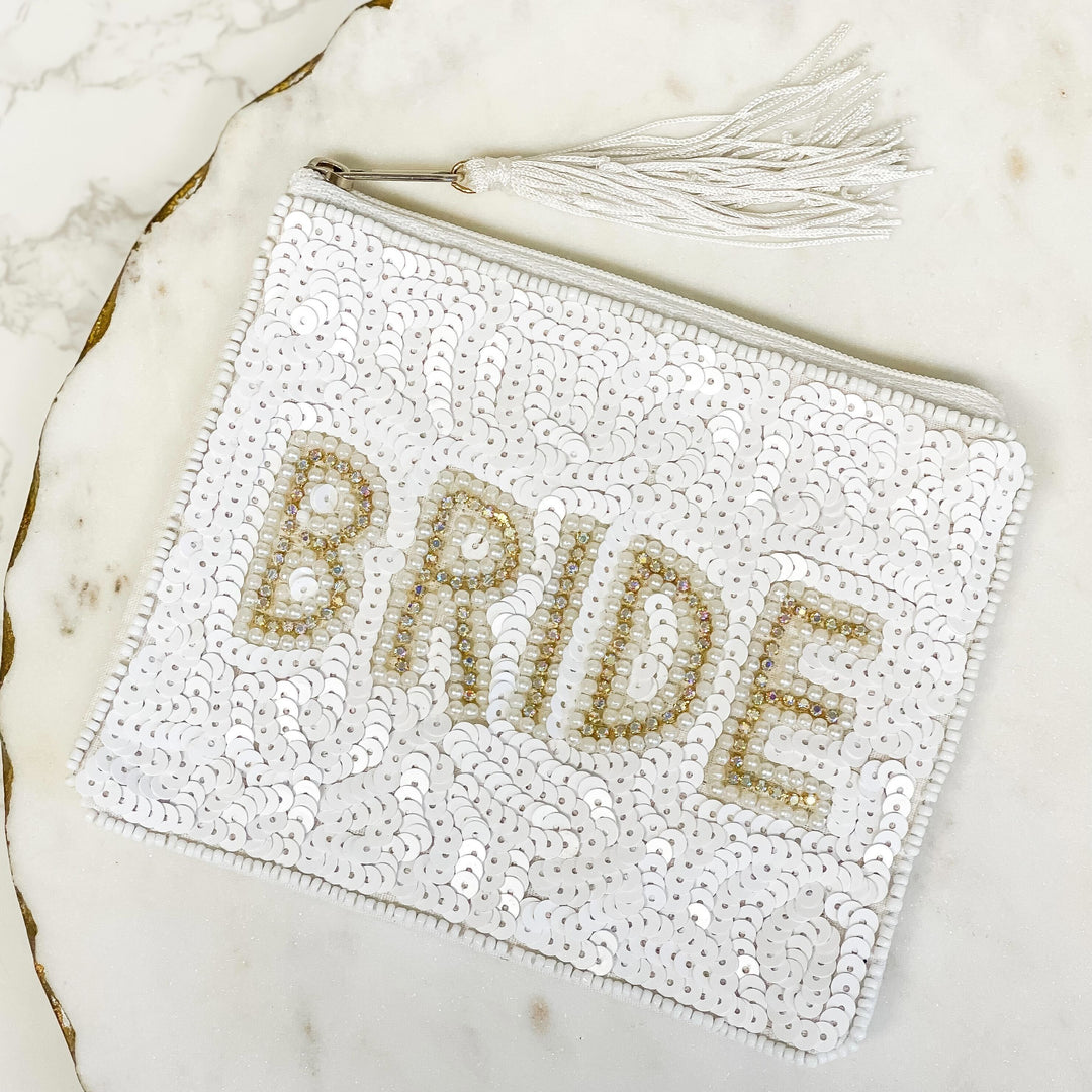 Pearl 'Bride' Tassel Beaded Zip Pouch - White