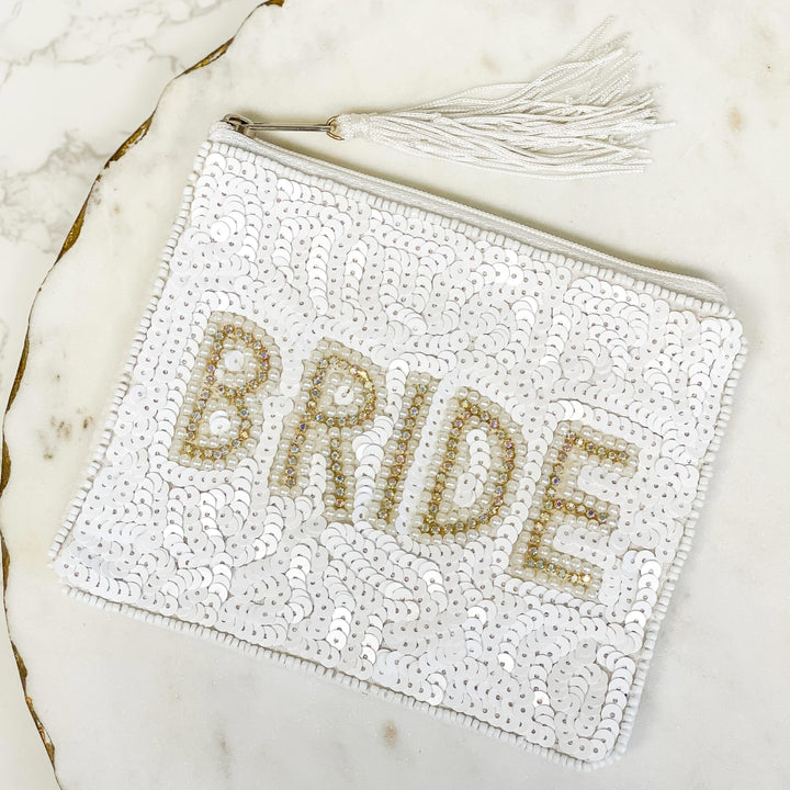 Pearl 'Bride' Tassel Beaded Zip Pouch - White