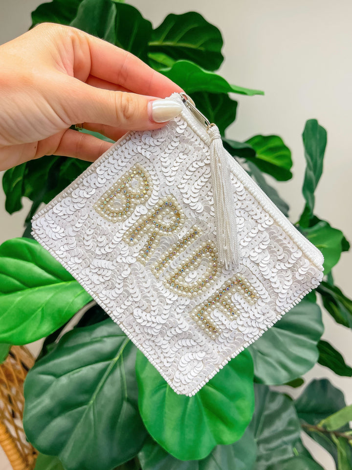 Pearl 'Bride' Tassel Beaded Zip Pouch - White