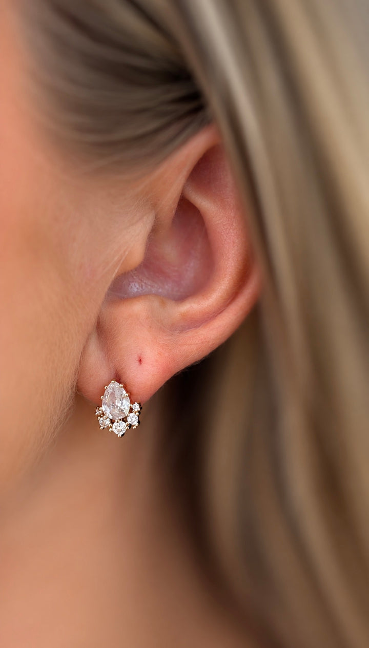Cubic Zirconia Pear Cluster Stud Earrings - Gold