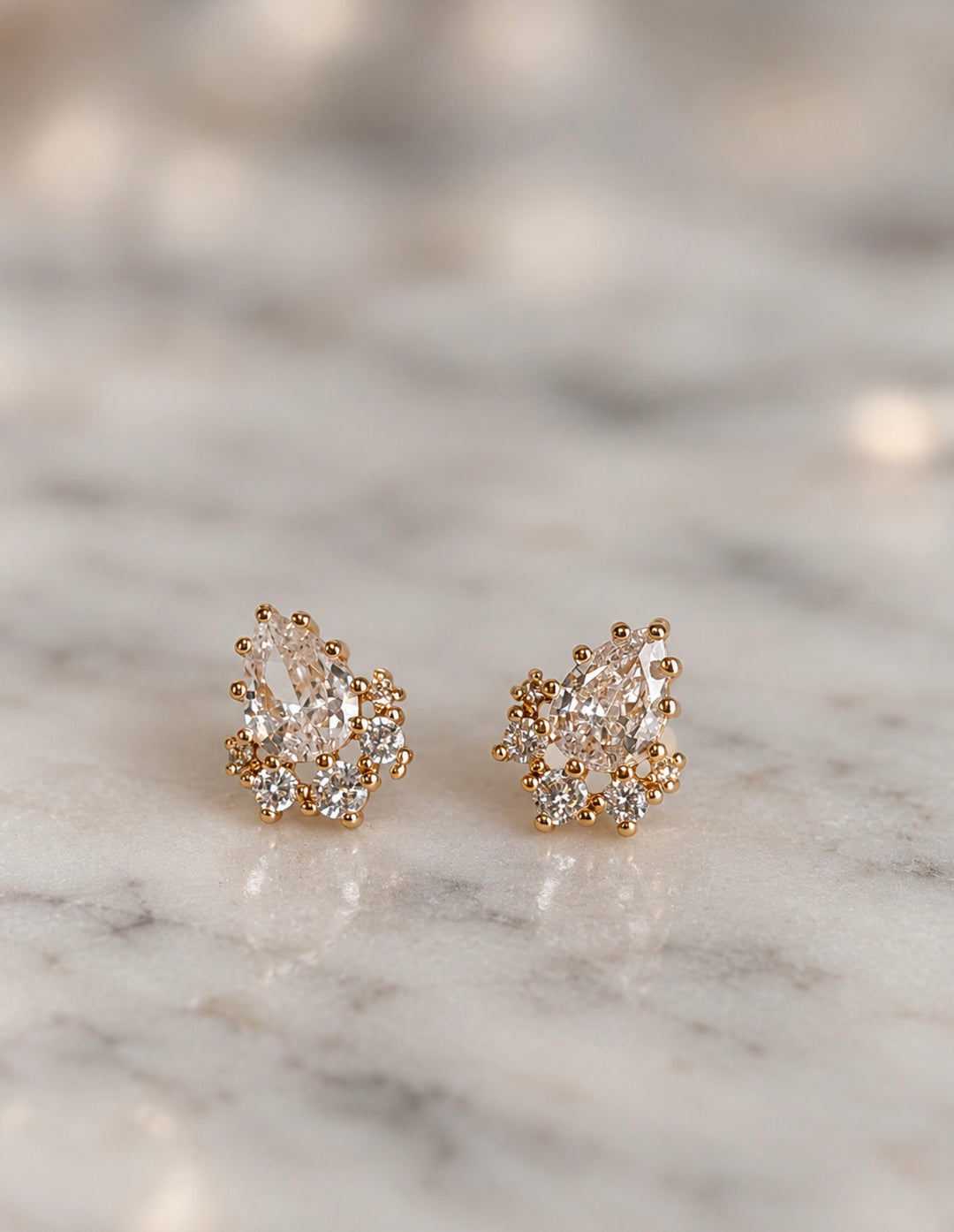 Cubic Zirconia Pear Cluster Stud Earrings - Gold