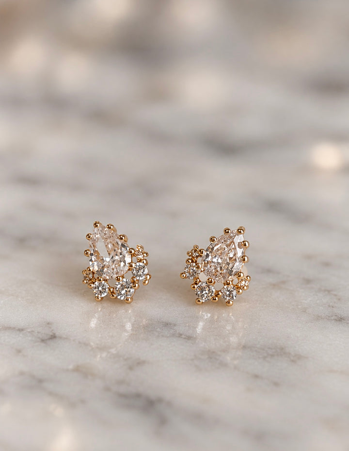 Cubic Zirconia Pear Cluster Stud Earrings - Gold
