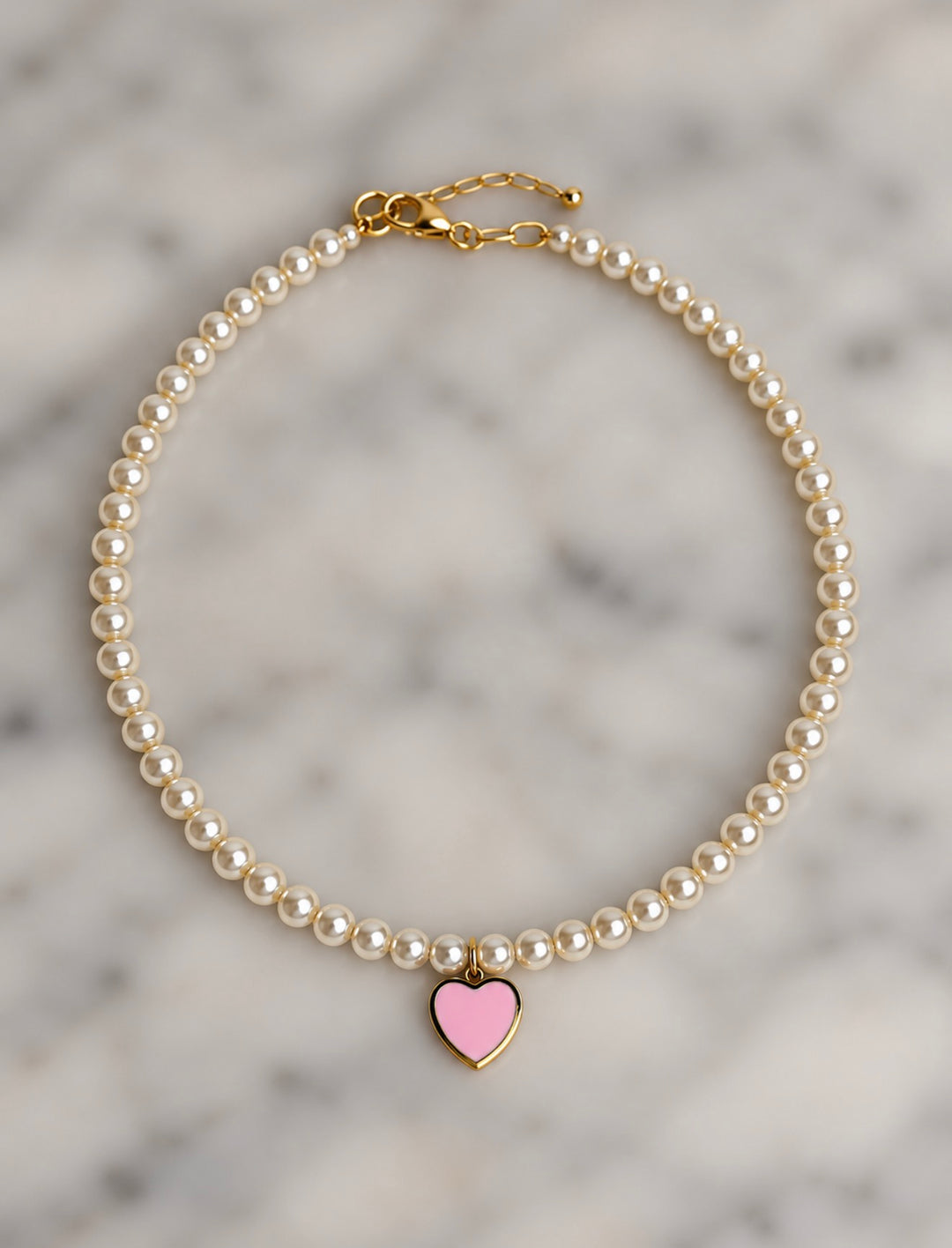 Pearl Bead Heart Charm Necklace - Pink