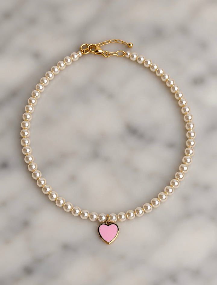 Pearl Bead Heart Charm Necklace - Pink
