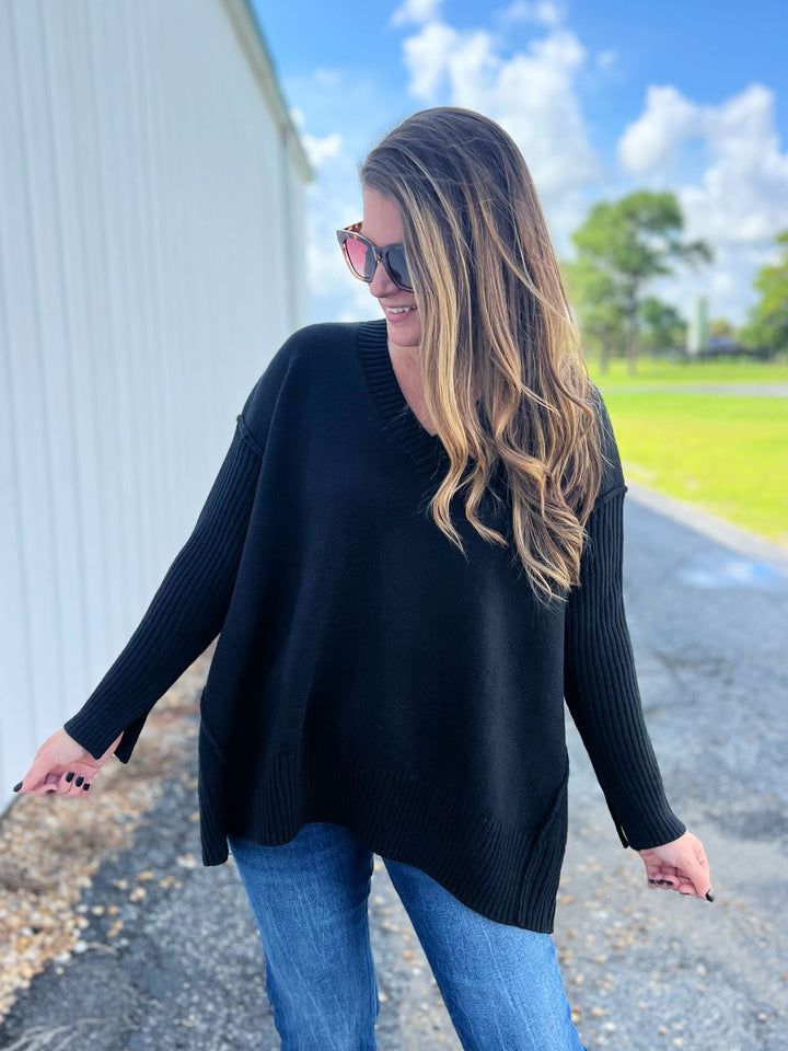 Oversized Side Slit Sweater Top - Black
