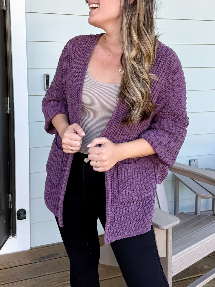 Wide Cuff Sleeve Chunky Knit Cardigan by POL - Grape Purple