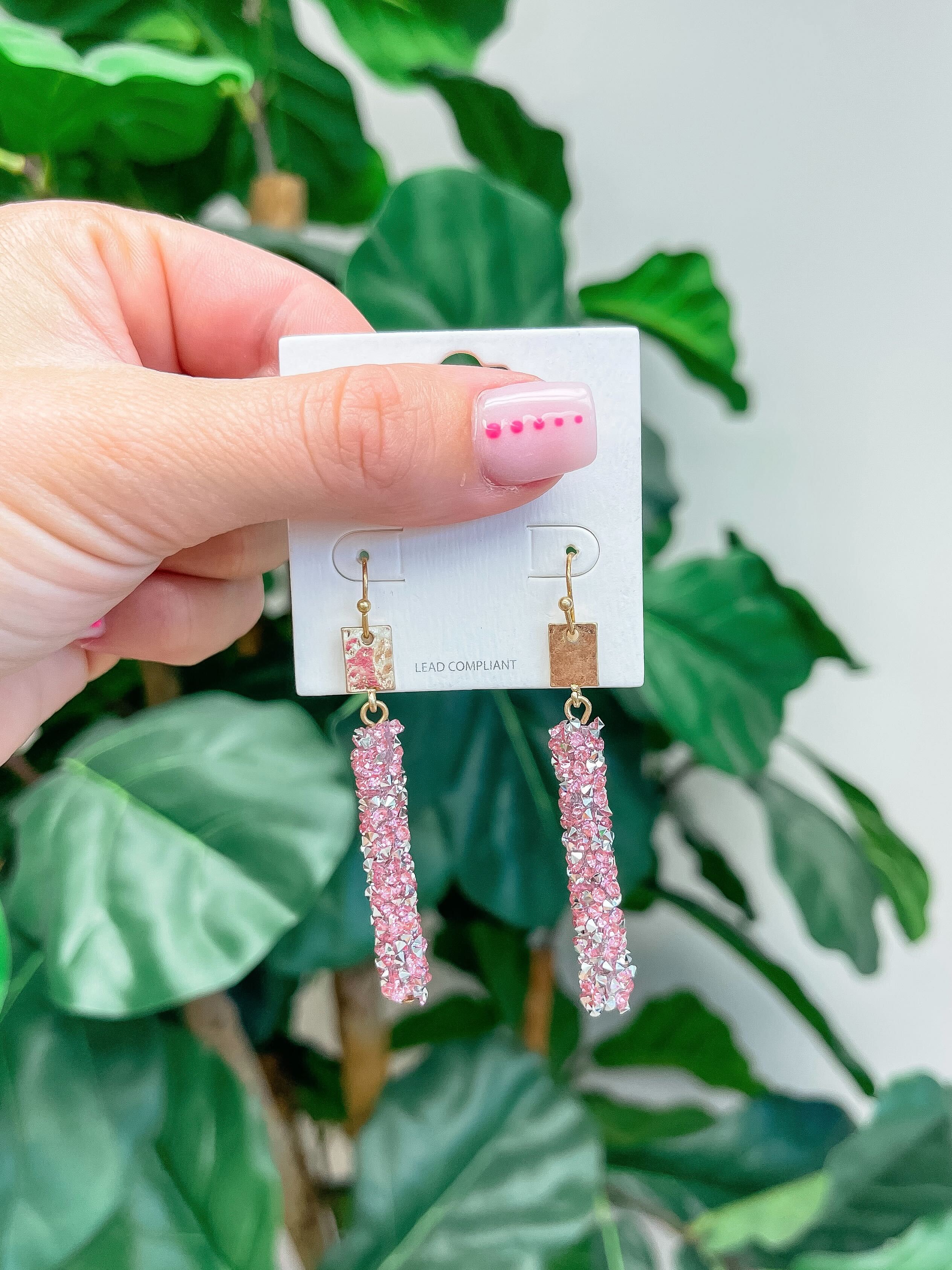 Crystal Encrusted Straight Dangle Earrings - Pink