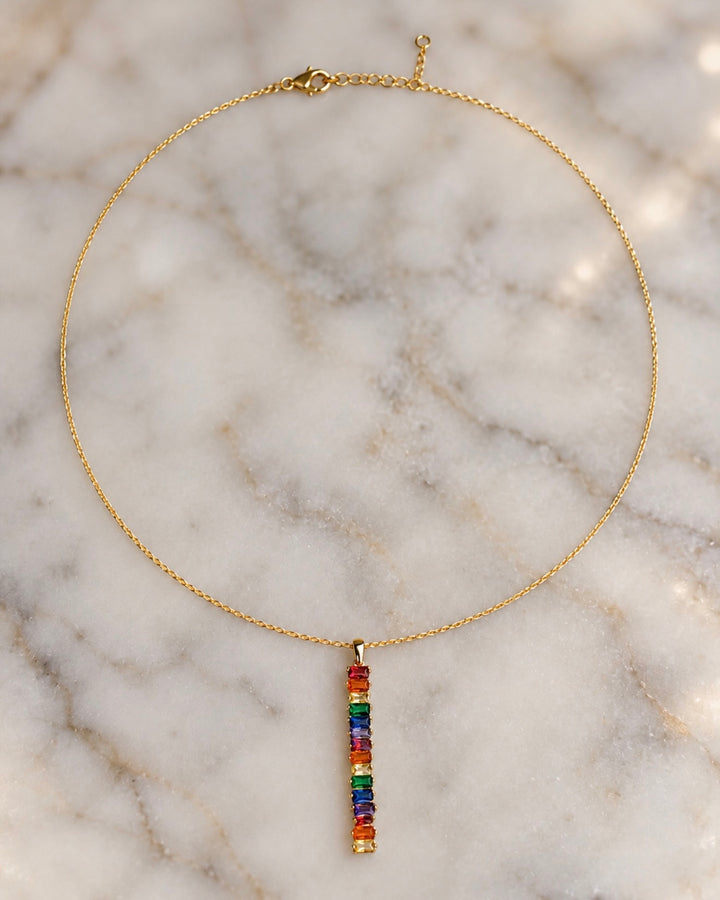 Cubic Zirconia Rainbow Bar Pendant Necklace