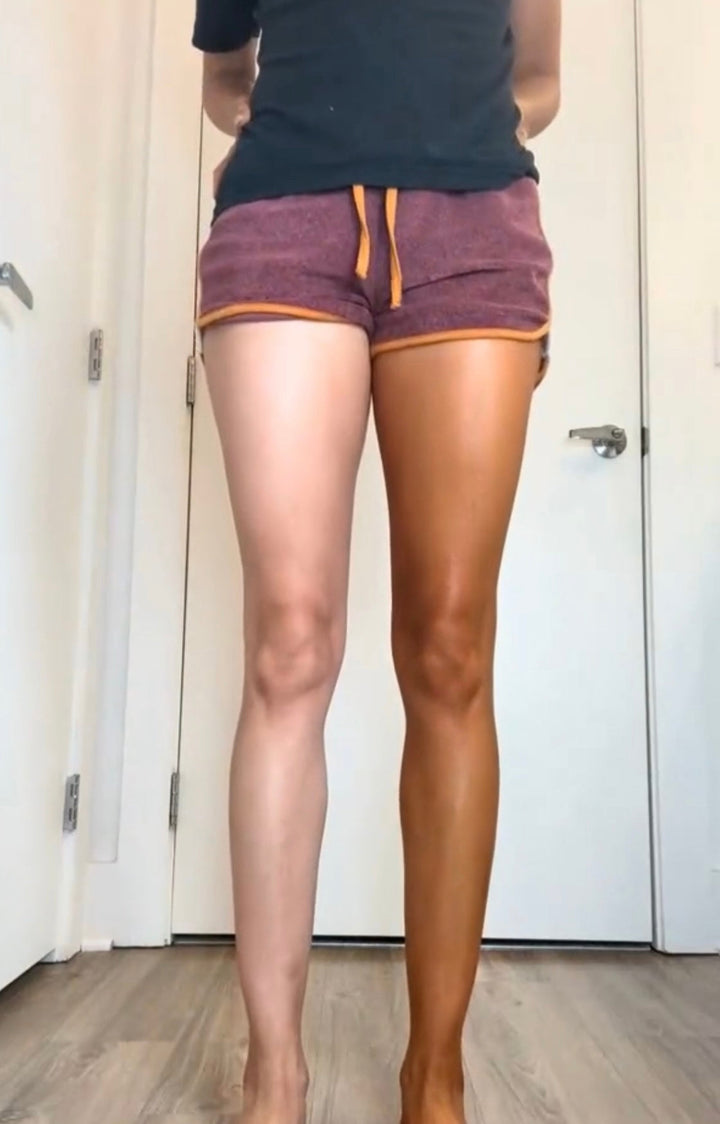 Before and after leg comparison showing one untanned leg and one bronzed leg demonstrating Mixologie Sun Foam Sunless Tanning Mousse results