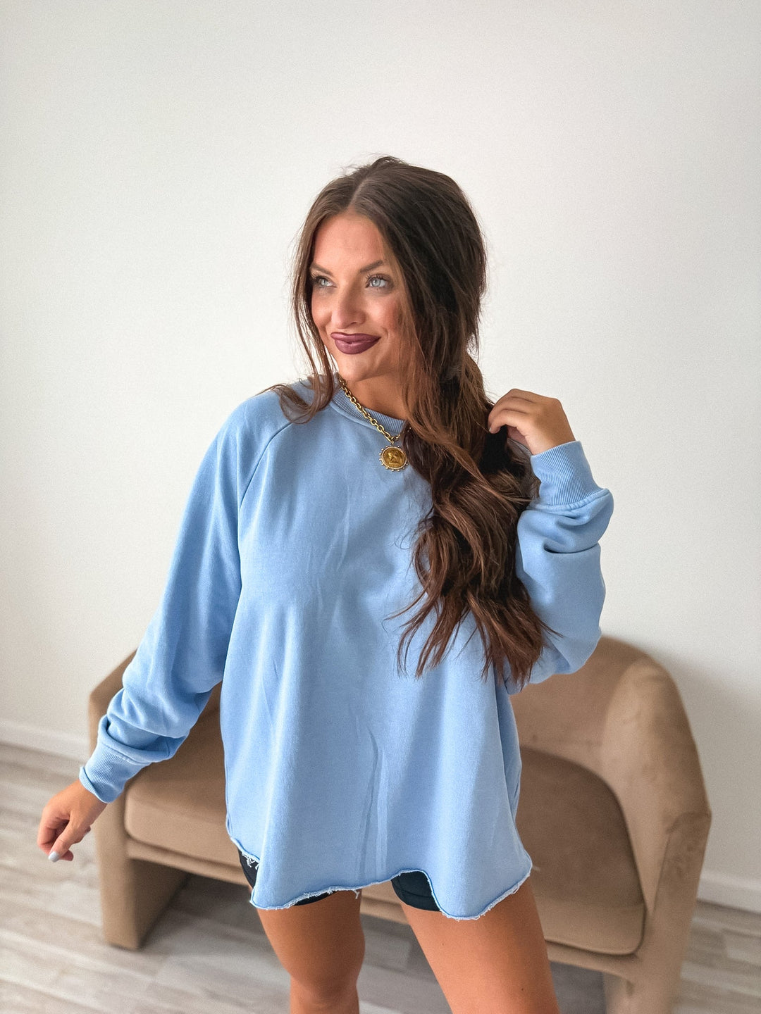Ash Wash Raw Hem Cozy Pullover in Ice Blue by BIRDIE (Ships in 3-4 Weeks)