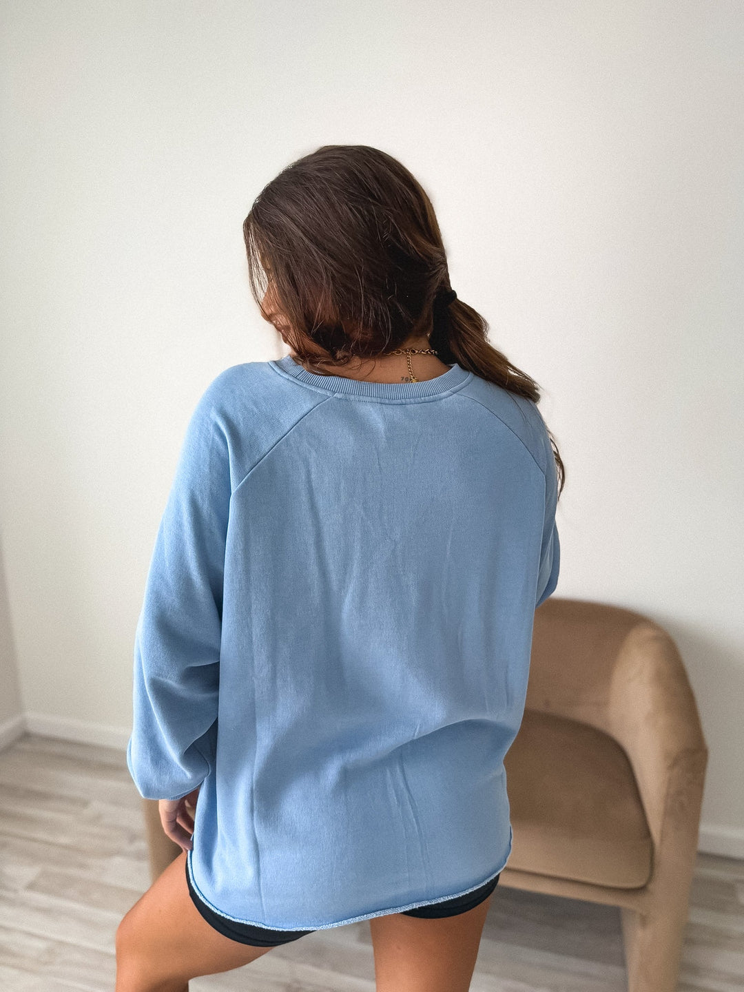 Ash Wash Raw Hem Cozy Pullover in Ice Blue by BIRDIE (Ships in 3-4 Weeks)