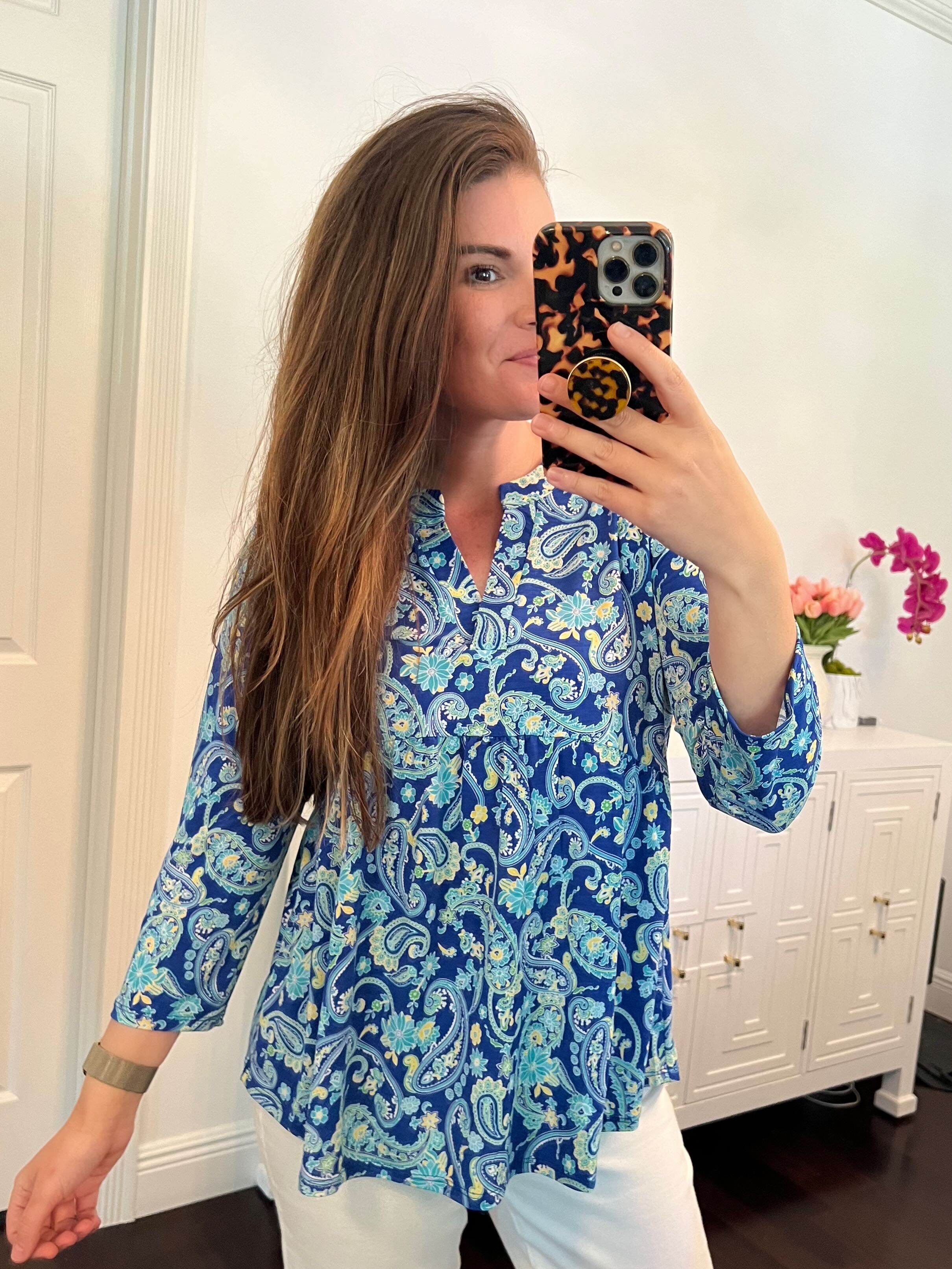 Lizzy Babydoll Top in Royal and Mint Paisley