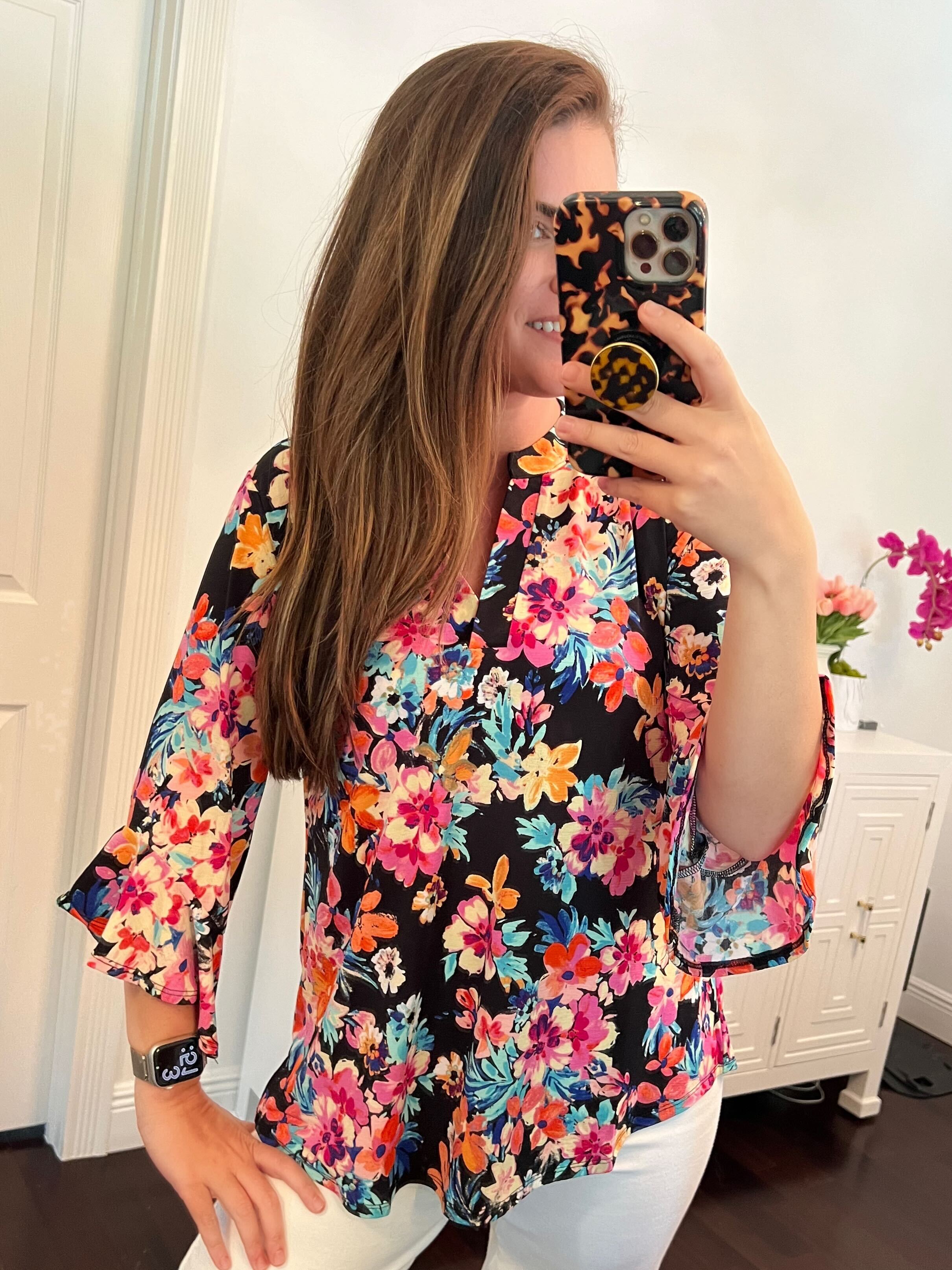 Lizzy Bell Sleeve Top Black and Teal Tropical Floral