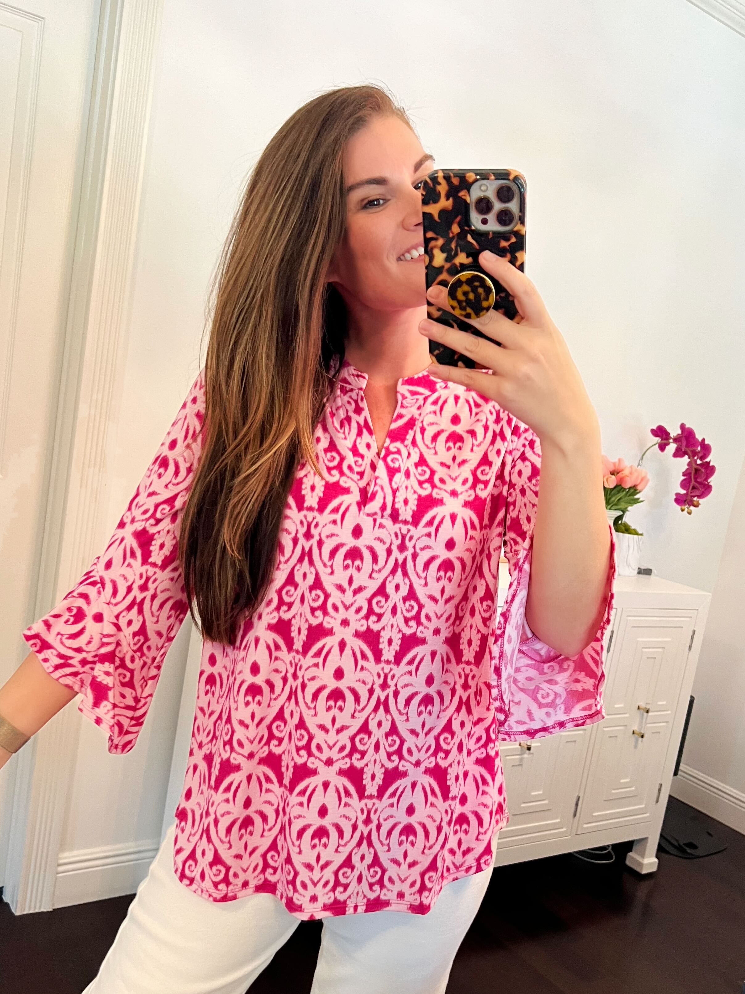Lizzy Bell Sleeve Top in Hot Pink Damask