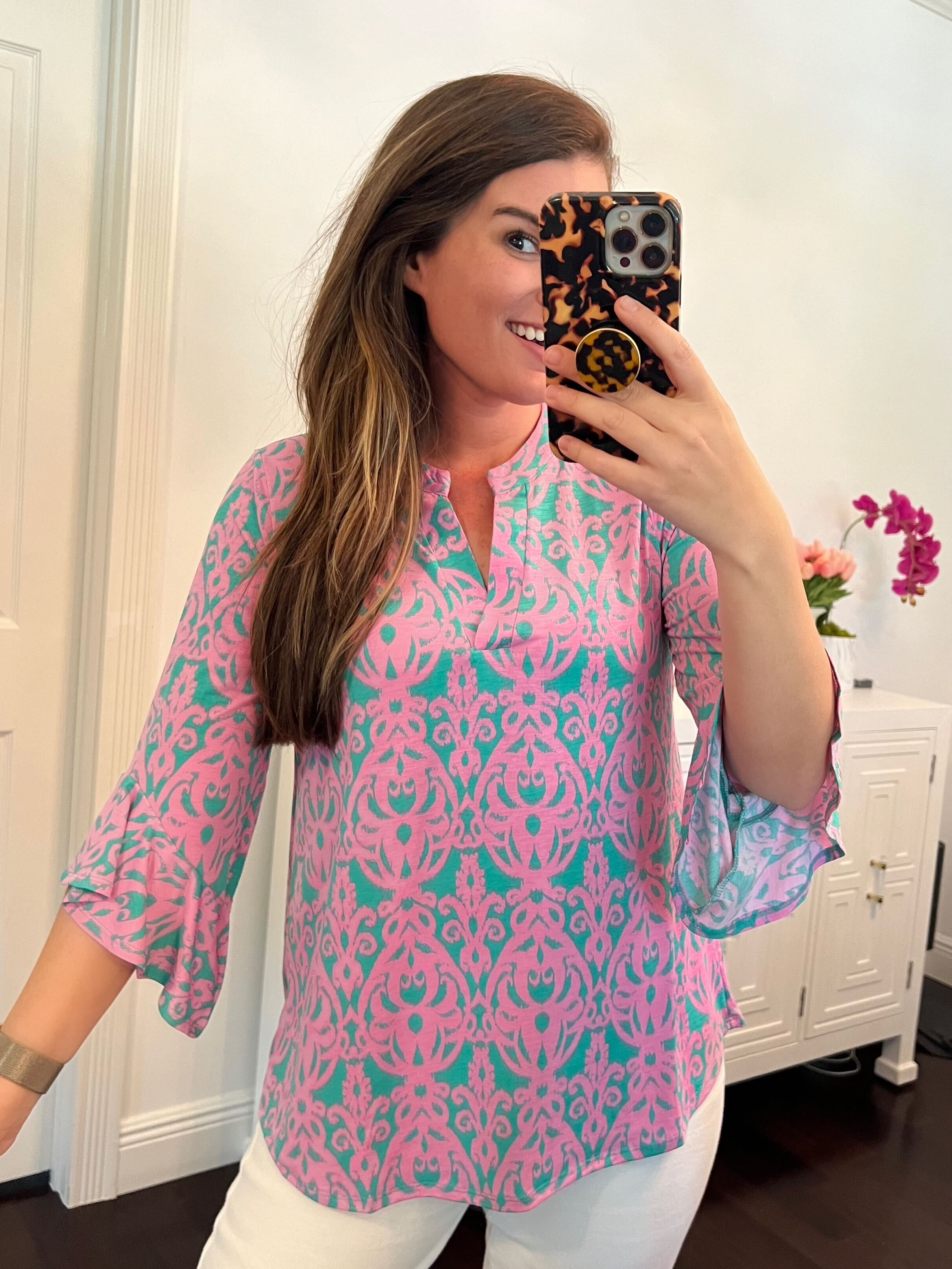 Lizzy Bell Sleeve Top in Mint and Pink Damask