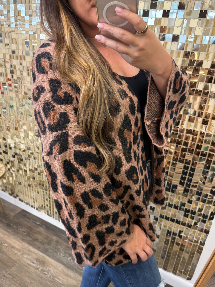 Leopard Drop Shoulder Cardigan by POL - Tan & Mocha