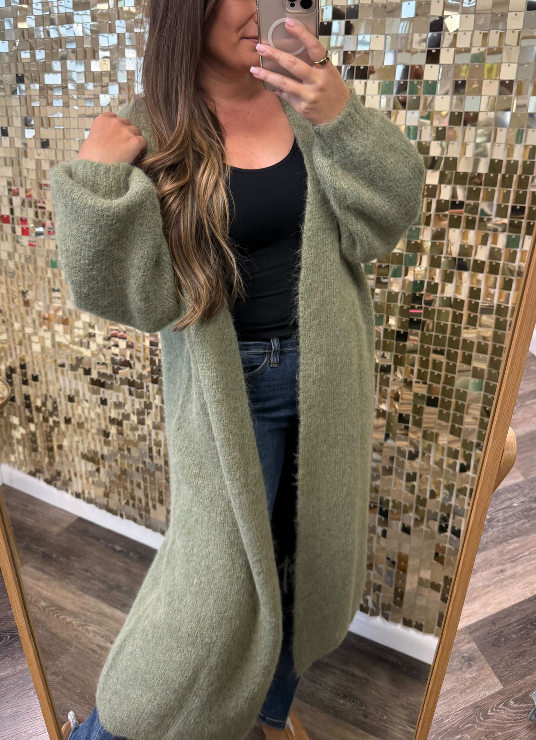 Oversized Open Front Long Cardigan by POL - Grass Green