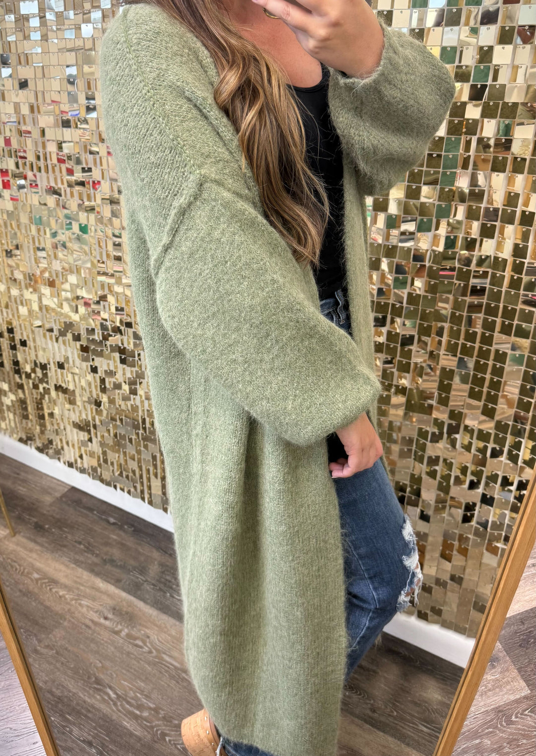Oversized Open Front Long Cardigan by POL - Grass Green