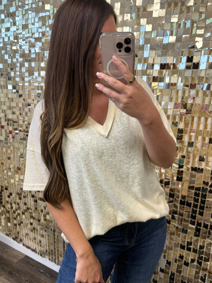 Drop Shoulder V-Neck Basic Tee by POL - Custard