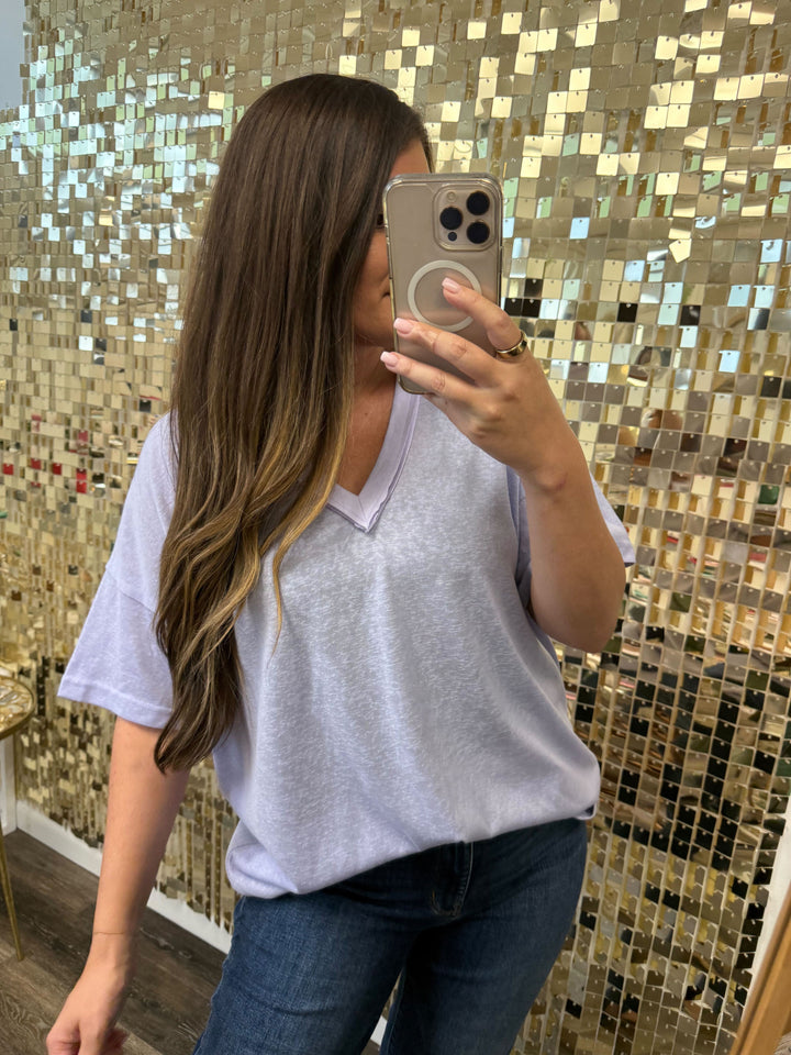 Drop Shoulder V-Neck Basic Tee by POL - Lilac