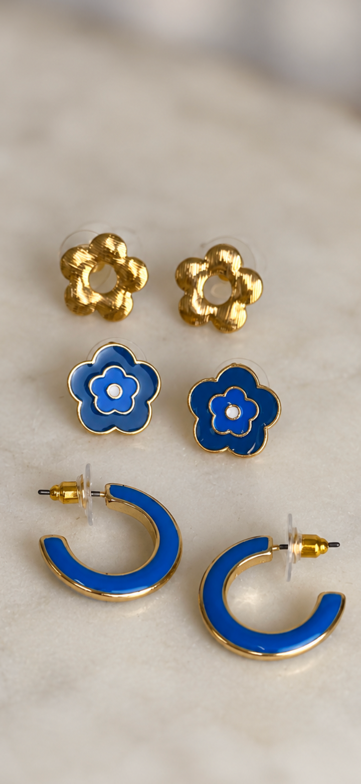 Simple Enamel Flower Earrings Set - Blue