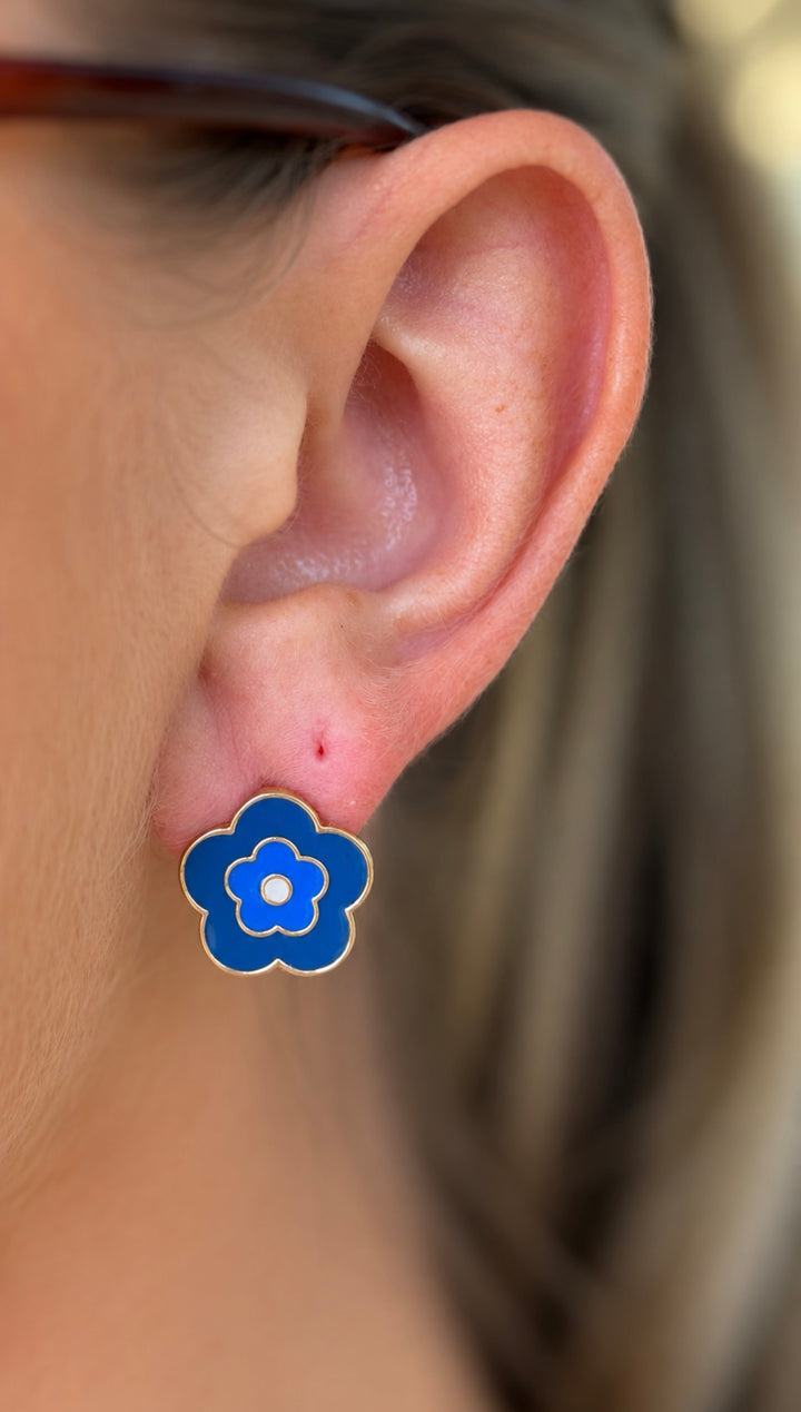 Simple Enamel Flower Earrings Set - Blue