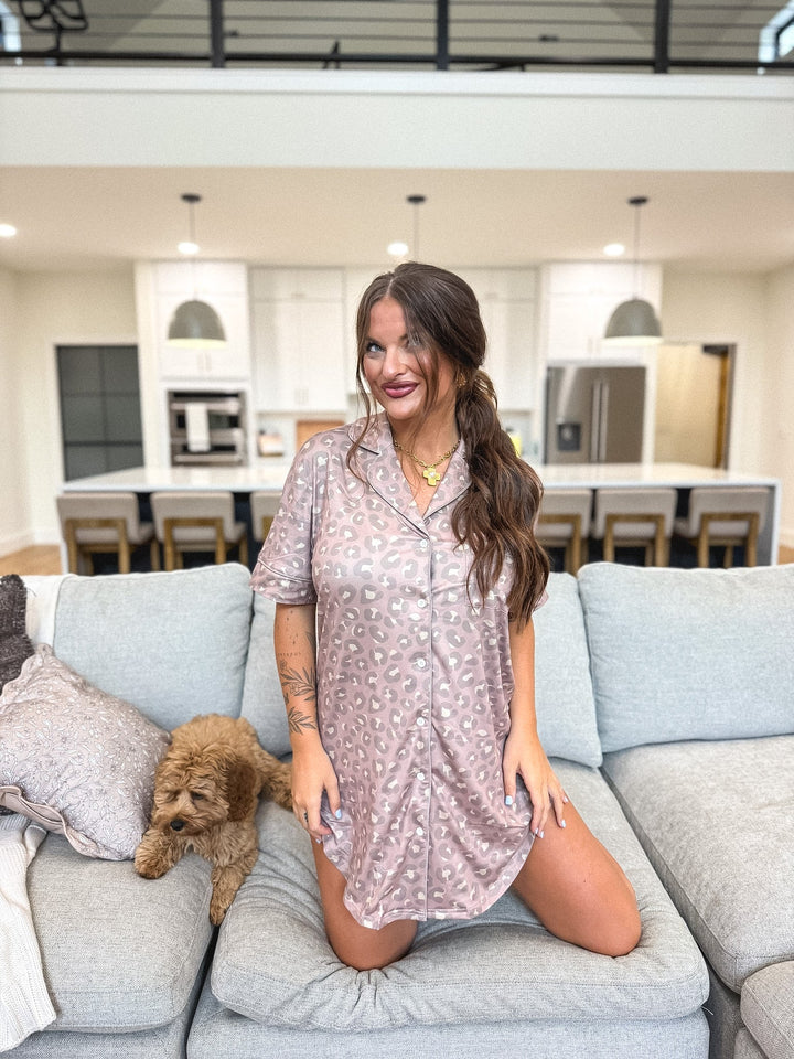 Tee Sleep Dress in Toasted Toffee Leopard by BIRDIE (Ships in 3-4 Weeks)
