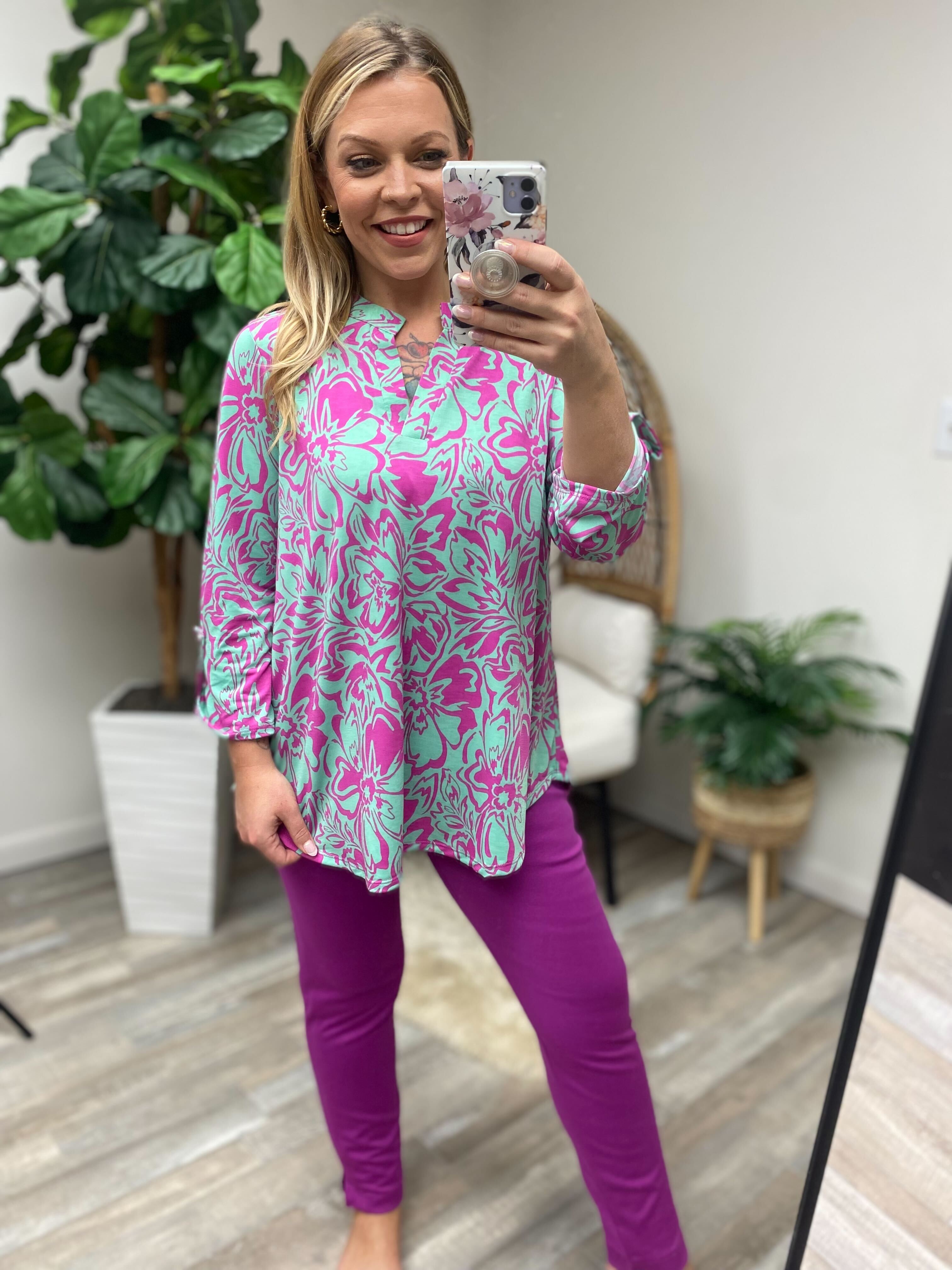 Lizzy Top in Emerald Pink Floral