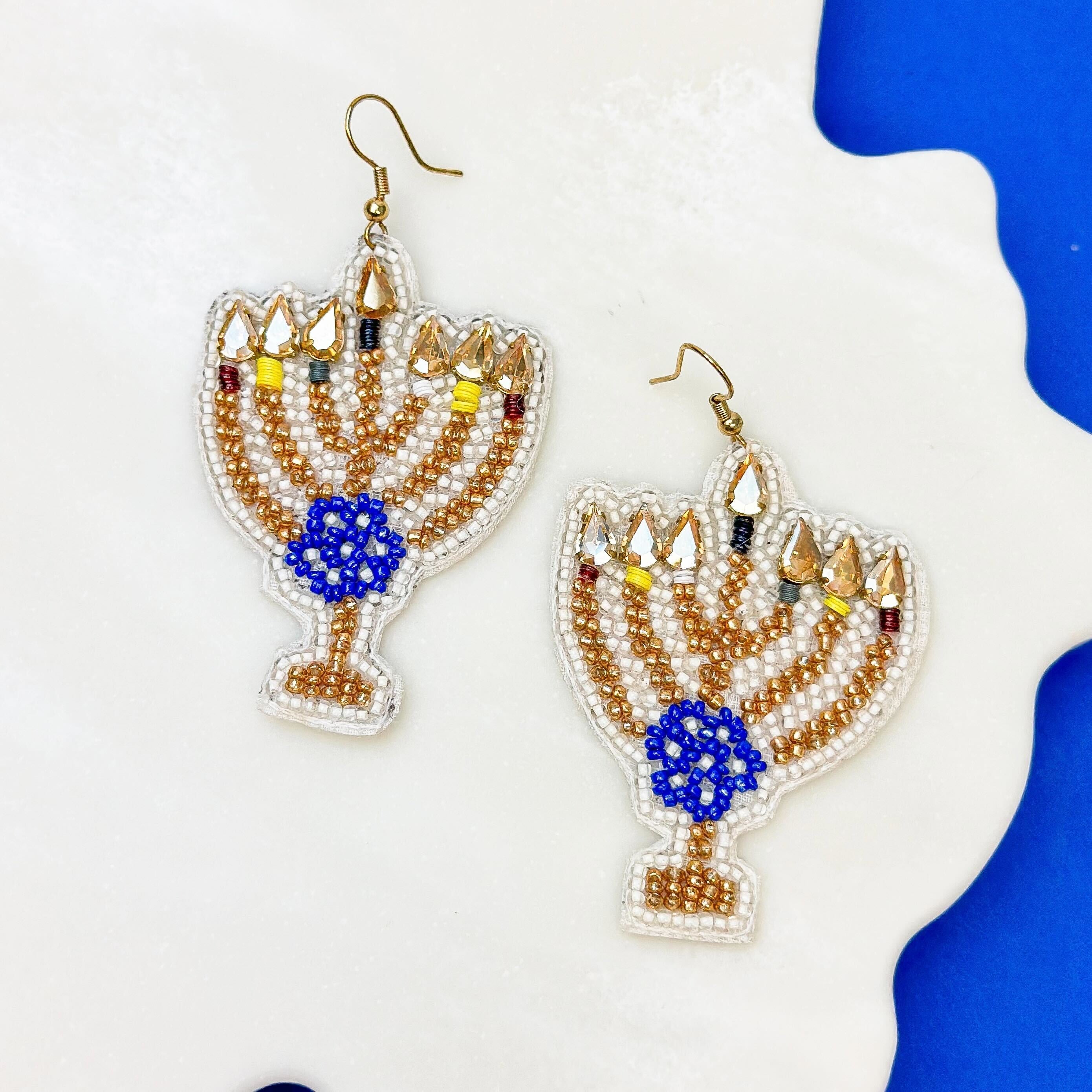 Gold Menorah Beaded Dangle Earrings