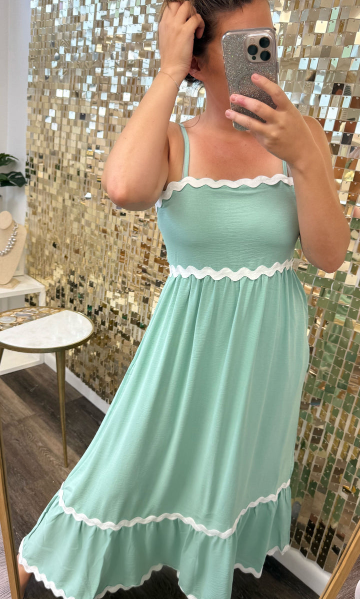 Ripple Effect Spaghetti Strap Dress in Sage