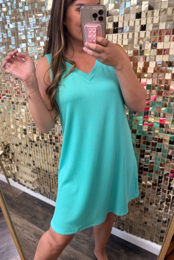 Sleeveless Ribbed V-Neck Dress - Spearmint