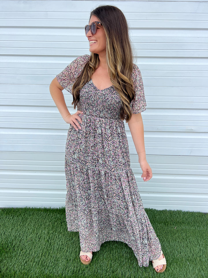 Short Sleeve Light Black Multi Floral Smock Dress By White Birch