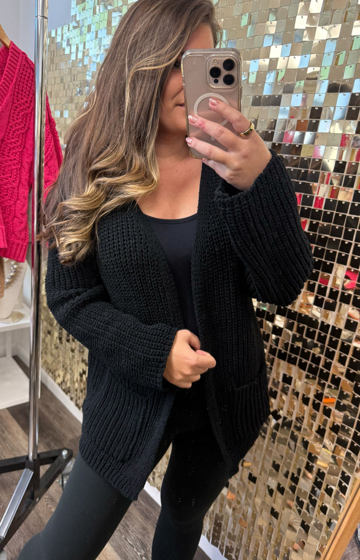 Relaxed Open Front Pocket Cardigan by POL - Black