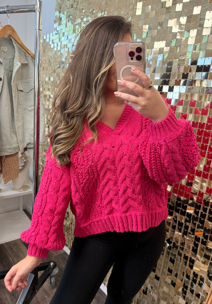 Twisted Knit Semi-Cropped Sweater by POL - Fuchsia
