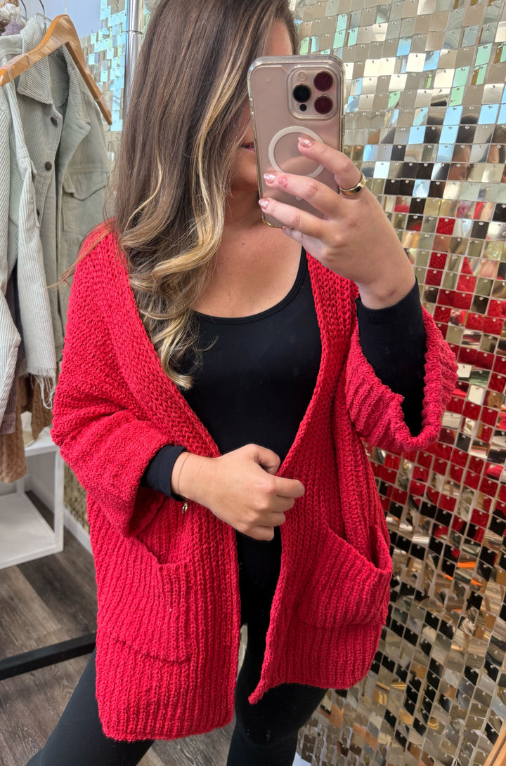 Wide Cuff Sleeve Chunky Knit Cardigan - Apple Red by POL