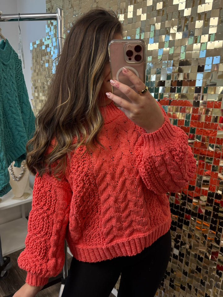 Chunky Cable Knit Mock Neck Sweater - Orange by POL